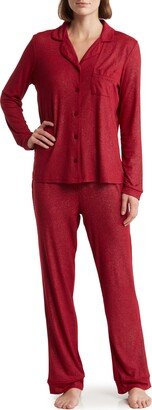 Foil Ribbed Long Sleeve Button-Up Top & Pants Pajamas