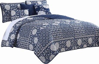 Ann 6 Piece Queen Size Polyester Quilt Set, Flowers, Reversible, Navy Blue