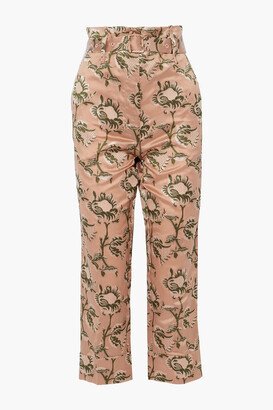 Cropped belted brocade tapered pants