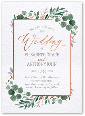 Wedding Invitations: Brushed Botanicals Wedding Invitation, White, Rose Gold Foil, 5X7, Matte, Signature Smooth Cardstock, Square