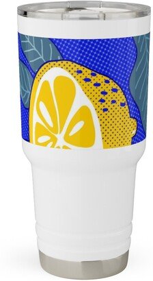 Travel Mugs: Lemons Pop Art - Blue And Yellow Travel Tumbler, 30Oz, Yellow