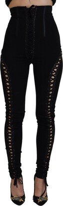 Black Viscose High Waist Cut Out Skinny Women's Pants