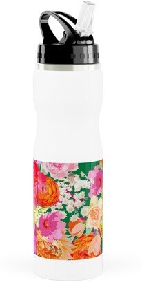 Photo Water Bottles: Summer Bright Floral - Kelly Green Stainless Steel Water Bottle With Straw, 25Oz, With Straw, Pink