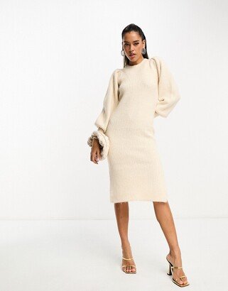 puff sleeve knit midi dress in oatmeal