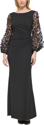 Petite Boat-Neck Balloon-Sleeve Scuba Crepe Gown