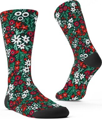 Socks: Rustic Floral - Holiday Red And Green Custom Socks, Green