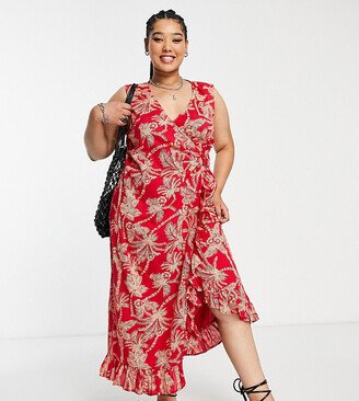 ASOS DESIGN Curve crinkle wrap midi sundress with buckle in red palm