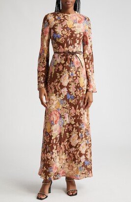 August Floral Print Long Sleeve Belted Linen Maxi Dress