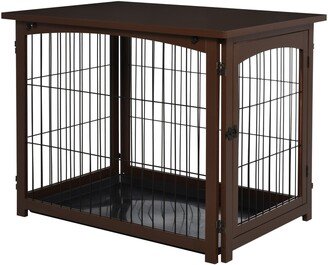 Wooden Decorative Dog Cage Pet Crate Fence Side Table Small Animal House with Tabletop, Lockable Door, Brown