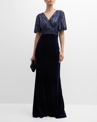 Blouson-Sleeve A-Line Sequin Velvet Gown