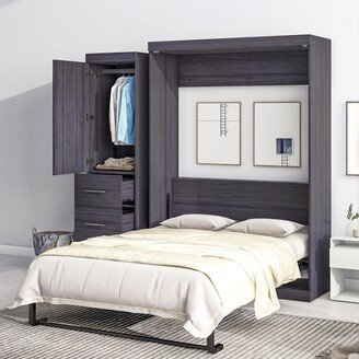 Aoolive Twin/Full Size Murphy Bed Storage Cabinet, Wood Murphy Bed with Wardrobe & Drawers, can be Folded into a Cabinet for Small Room