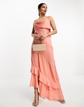 satin asymmetric hem slip dress with tendril bodice detail in soft pink