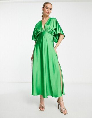 v front batwing sleeve satin midi dress in bright green