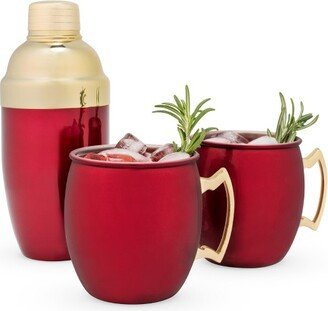 Red Moscow Mule Mug and Cocktail Shaker Gift Set, Holiday Barware Gifts, Cobbler Shaker, Mule Mugs, Red, Gold, Set of 3