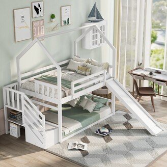 Calnod Twin over Twin House Bunk Bed with Convertible Slide, Storage Staircase Can be Placed Left or Right