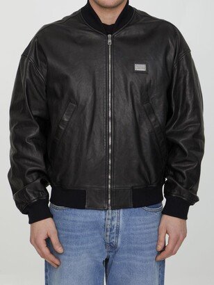 Black leather bomber jacket-AB