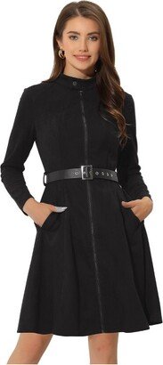 Allegra K Women' Faux Suede Dre Stand Collar Zip Up Belted Vintage Dree Black X-Small