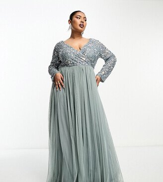 Beauut Plus Bridesmaid wrap front maxi dress with mutli colored embroidery and embellishment in misty green