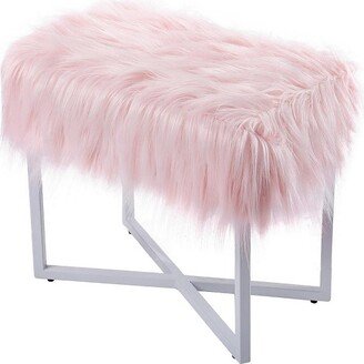 Rectangular Pink Faux Fur Foot Stool Ottoman with White Legs