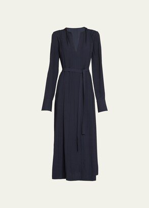 Asilia Belted Long-Sleeve V-Neck Midi Dress