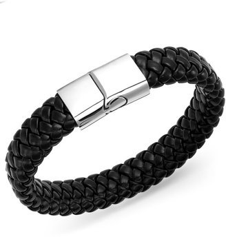 Men's Stainless Steel Clasp and Black Braided Leather Bracelet