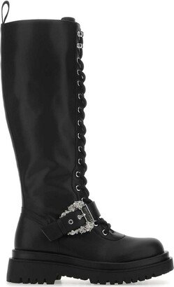 Baroque-Buckle Knee-High Lace-Up Boots