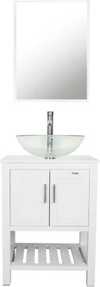 24 Bathroom Vanity Set Ceramic/ Tempered Glass Vessel Sink White Cabinet Combo Mirror Faucet Free-standing