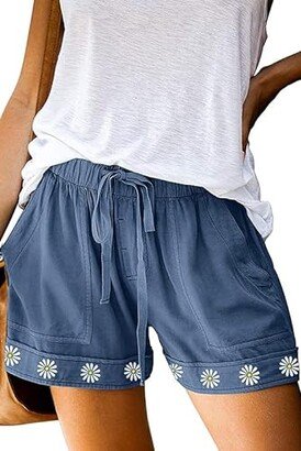 Womens Fashion Summer Comfy Drawstring Casual Tie Waist Soft High Waisted Beach Cotton Pocketed Shorts for Women Sunflower Daisy Print Medium