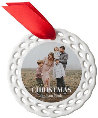 Ornaments: Golden Merry Christmas Ceramic Ornament, White, Circle