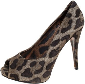 Brown Leopard Print Canvas Peep Toe Platform Pumps Size 37