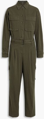 Belted pleated cotton-blend canvas jumpsuit