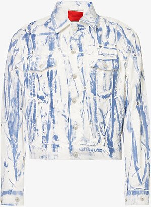 Kusikohc Mens White / Blue Washed Graphic-print Regular-fit Denim Jacket