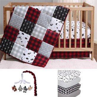 The Buffalo Plaid 8 Piece Baby Nursery Crib Bedding Set, Quilt, Crib Sheets, Crib Skirt, and Mobile - Black/white/red/grey