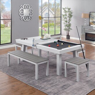 Norwalk Indoor/Outdoor 7ft Slate Pool Table 6-Seater Dining Set with 4 Benches & Accessories, White Finish