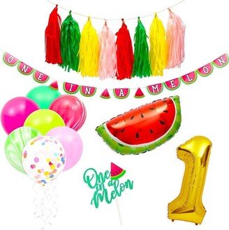 Blue Panda 47 Piece 1st Birthday Decorations for Girls, One in a Melon Banner, #1 and Watermelon Balloons, Cake Topper