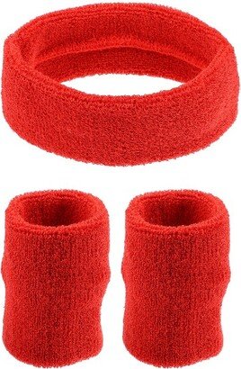 Unique Bargains Stretchy Cotton Blend Sweat Absorbing Sport Headband Wristband Big Red 3 pcs