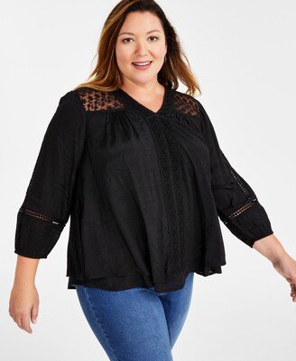 Style & Co Plus Size Lace-Trim Long-Sleeve Top, Created for Macy's