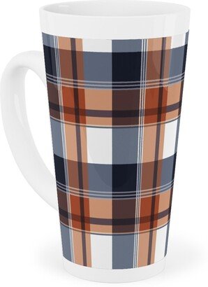 Mugs: Navy & Orange Plaid Tall Latte Mug, 17Oz, Multicolor