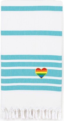 100% Turkish Cotton Herringbone Cheerful Rainbow Heart Pestemal Beach Towel - Turquoise & White