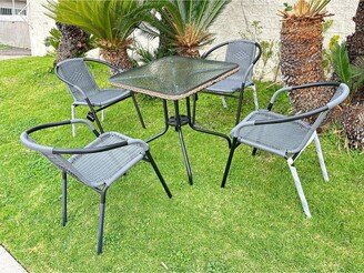 BTEXPERT Indoor Outdoor 28 Square Tempered Glass Metal Table Gray Rattan Trim + 4 Gray Restaurant Rattan Stack Chairs