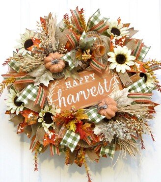 Fall Wreaths, Fall Front Door Wreath, Happy Harvest Wreath, Pumpkin Sunflower Rustic Autumn Decor