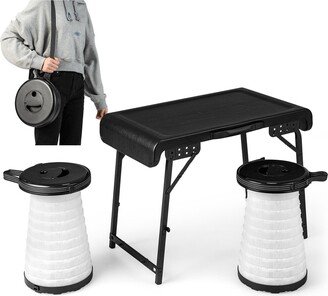 3-Piece Folding Table Stool Set with a Camping Table & 2 Retractable Led Stools