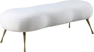 Meridian Furniture Nube Collection Modern | Contemporary White Faux Sheepskin Fur Upholstered Bench with Gold Sturdy Legs