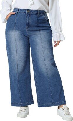 Agnes Orinda Women's Plus Size Wide Leg Baggy Washed Stretch with Pockets Denim Ankle Jeans Mid Blue 2X