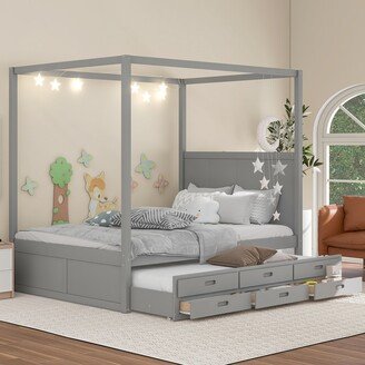 EDWINRAY Queen Canopy Platform Bed, Wood Bedframe with Twin Trundle & 3 Storage Drawers for Kids Adults Bedroom, No Box Spring Need, Grey