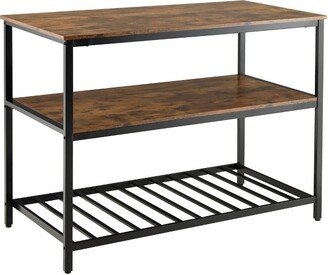 Tangkula 3 Shelves Kitchen Island Industrial Wood and Metal Bar Table w/ Bottom Wine Rack