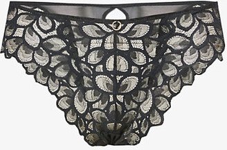 Womens Black/latte Allure Floral-embroidered Stretch-woven Briefs