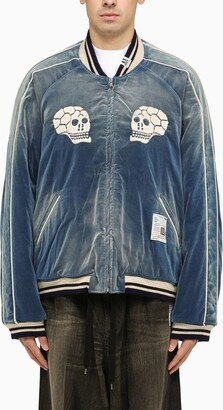 Blue cotton bomber jacket with embroideries