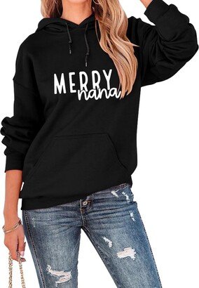 Shemiun Merry Nana Hoodie Tops Womens Christmas Grandma Hooded Sweatshirt Long Sleeve Xmas Holiday Pullover Hoody Shirt (Black