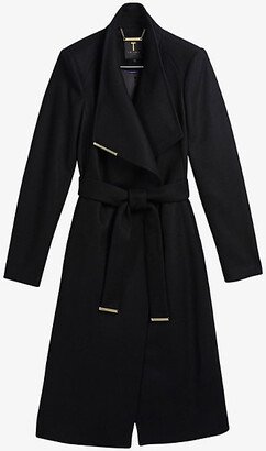 Womens Black Rose Wrap Wool-blend Coat